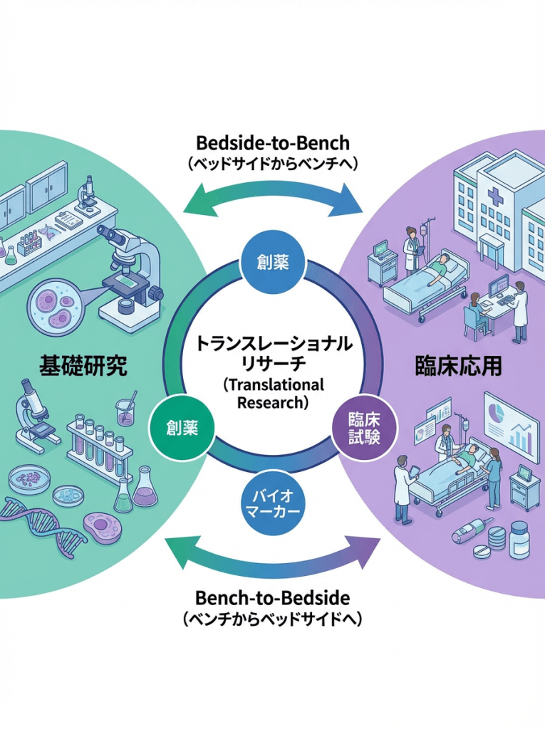 Translational research diagram showing bench-to-bedside and bedside-to-bench flow between basic research and clinical application.