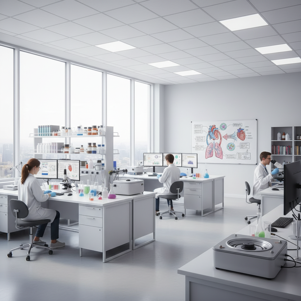 Three scientists in white lab coats working at high-tech stations in a bright, modern laboratory.